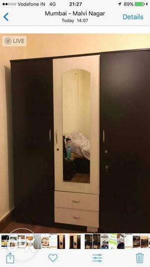 Black And White Wooden Mirrored Wardrobe Cabinet