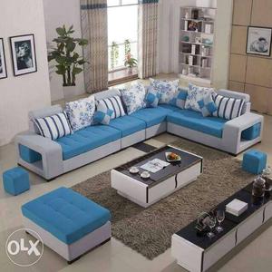 Blue And Gray Fabric Sectional Sofa
