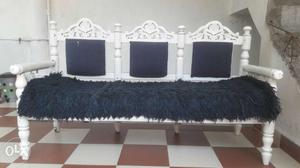 Blue And White Fuzzy Padded Wooden Three Seat Couch