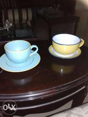 Blue cup plate and yellow soup bowl