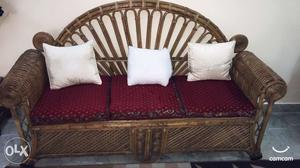 Brown Wicker-frame Red Fabric 3-seat Couch