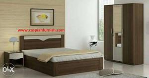 Brown Wooden Bed Frame And Brown Wooden Wardrobe With Mirror