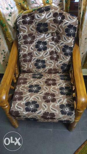 Brown Wooden Frame Brown Floral Padded Sofa Armchair
