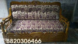 Brown Wooden Frame Purple And White Floral Fabric Cushion