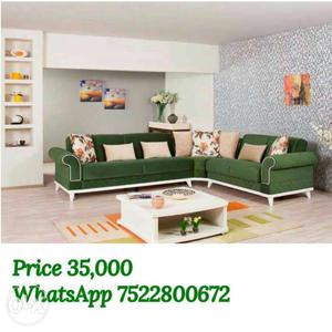 Green Fabric Padded Sectional Sofa