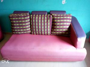 Pink lavender leather Love Seater with 3 Pillows. Left Arm