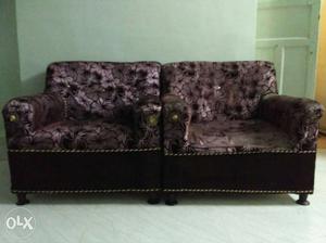 Two Purple-and-black Floral Suede Sofa Chairs