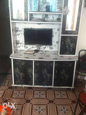 White And Black Wooden Floral Print TV Hutch