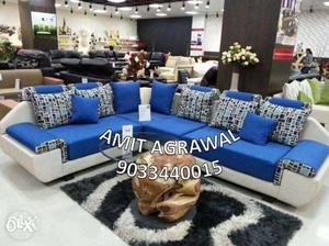 White And Blue Suede Sectional Sofa