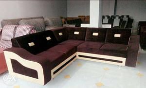White And Brown Velvet Sectional Sofa