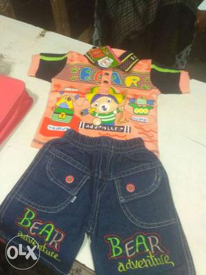 Boy's Pink,black And Green Polo Shirt And Blue Denim Shorts
