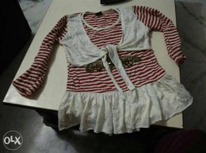 Girl's White And Red Striped Dress