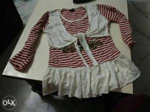 Toddler's White And Red Stripe Long-sleeve Dress