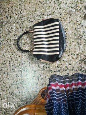 Black And White Stripe Leather Tote Bag