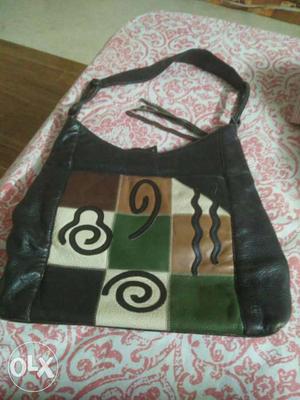 Black, White, Green, And Brown Leather Checkered Hobo Bag