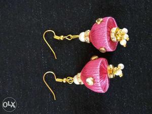 Pair Of Gold-colored-and-pink Silk Thread Jhumka Earrings