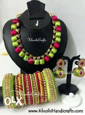 Pair Of Green-and-red Jhumka Earrings And Bangles