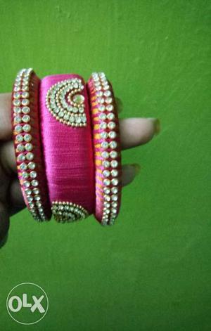 Pink Embellished Silk Thread Bangles