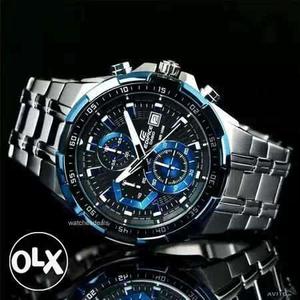 Round Black Ediface Casio Chronograph Watch With Silver Link