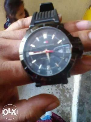 Round Black Wrist Watch With Black Strap