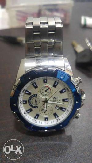 Round Blue Casio Edifice Chronograph Watch With Silver-color