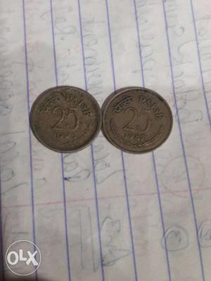 Two Silver-colored Indian Paise 25 Coins