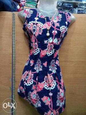 Women's Red And Blue Floral Cap-sleeve Dress