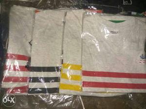 Four Gray, Red, Black And Yellow V-neck Shirts