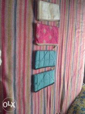 Four pink white n 2 blue handmade double pocket pouch