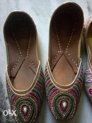 Pair Of Brown-green-pink Beaded Flats