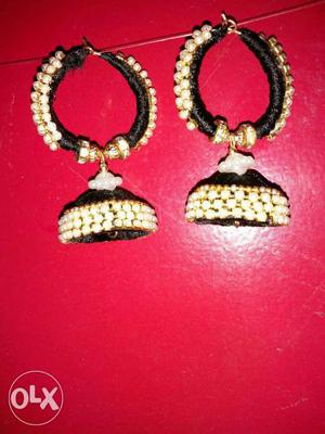 Pair Of White-and-black Beaded Jhumka Earrings