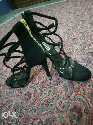 Pair Of Women's Black Open-toe Ankle-strap Stilettos
