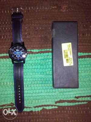 Round Black Chronograph Watch And Black Leather Band With