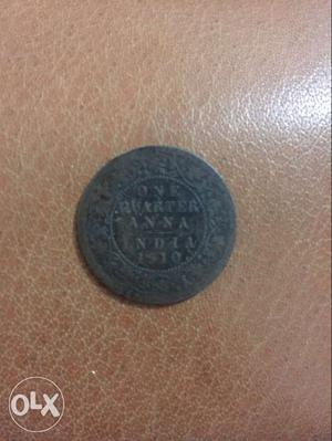 Round Gray One Quarter Anna India Coin