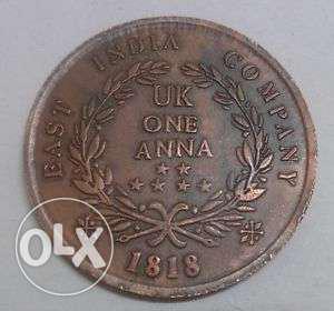 Round  UK One Anna Copper Coin
