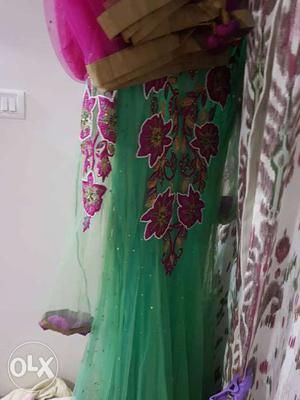 Teal And Pink Floral Suit with full pant and dupatta