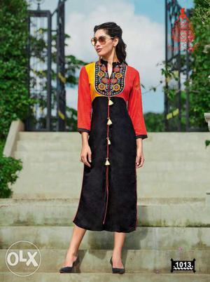 Women's Red, Black, And Yellow Long-sleeve Midi Dress