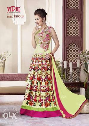 Women's Yellow, Red, And Pink Floral Sari