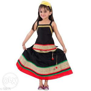 Girl's Black,gold And Red Sleeveless Dress
