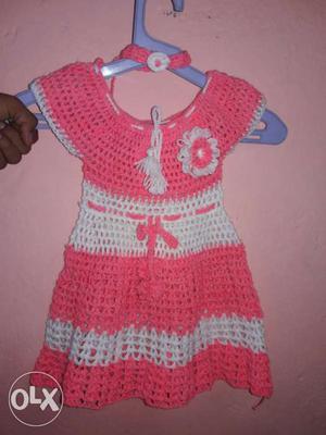 Girl's Pink And White Knit Sleeveless Dress