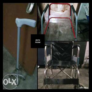 Gray And Black Wheelchair, Walking Frame, And Cane