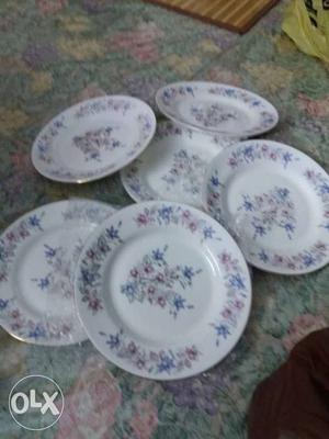 Six White-blue-and-pink Floral Ceramic Plates