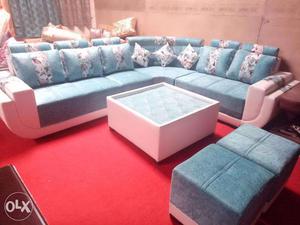 L shape sofa set with table & puffies