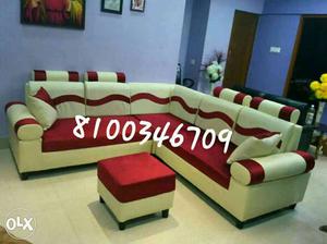 White And Red Fabric Sectional Sofa With Ottoman Set