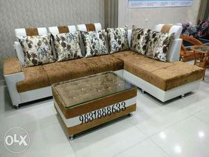 White Leather Brown Microsuede Sofa Padded Sectional Sofa