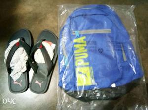 Blue And Yellow Puma Backpack; Black Puma Flip-flops