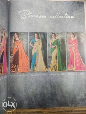 Four Orange, Blue, Green, And Pink Sari Traditional Dresses