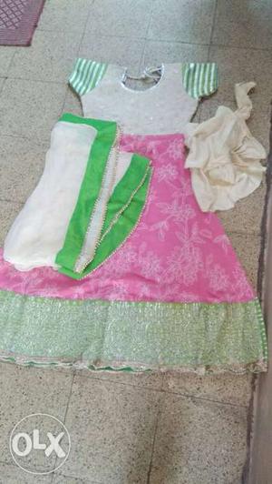 Girl's White, Pink And Green Dress