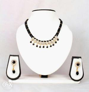 Gold And Black Diamond Encrusted Necklace With Earrings