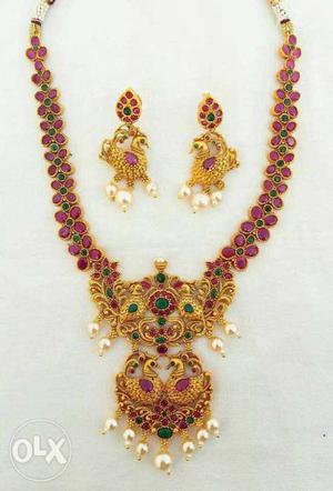 Gold-colored-pink-and-green Gemstone Necklace And Earrings